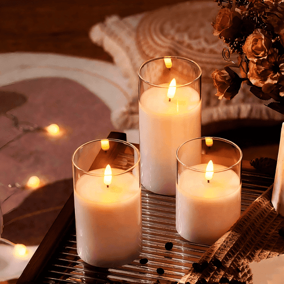 Goyuon 3 Pack LED Flameless Acrylic Pillar Candles, Warm White Flickering with Remote Control, Timer & Dimmable for Home, Christmas, Halloween, Easter & Party Decor