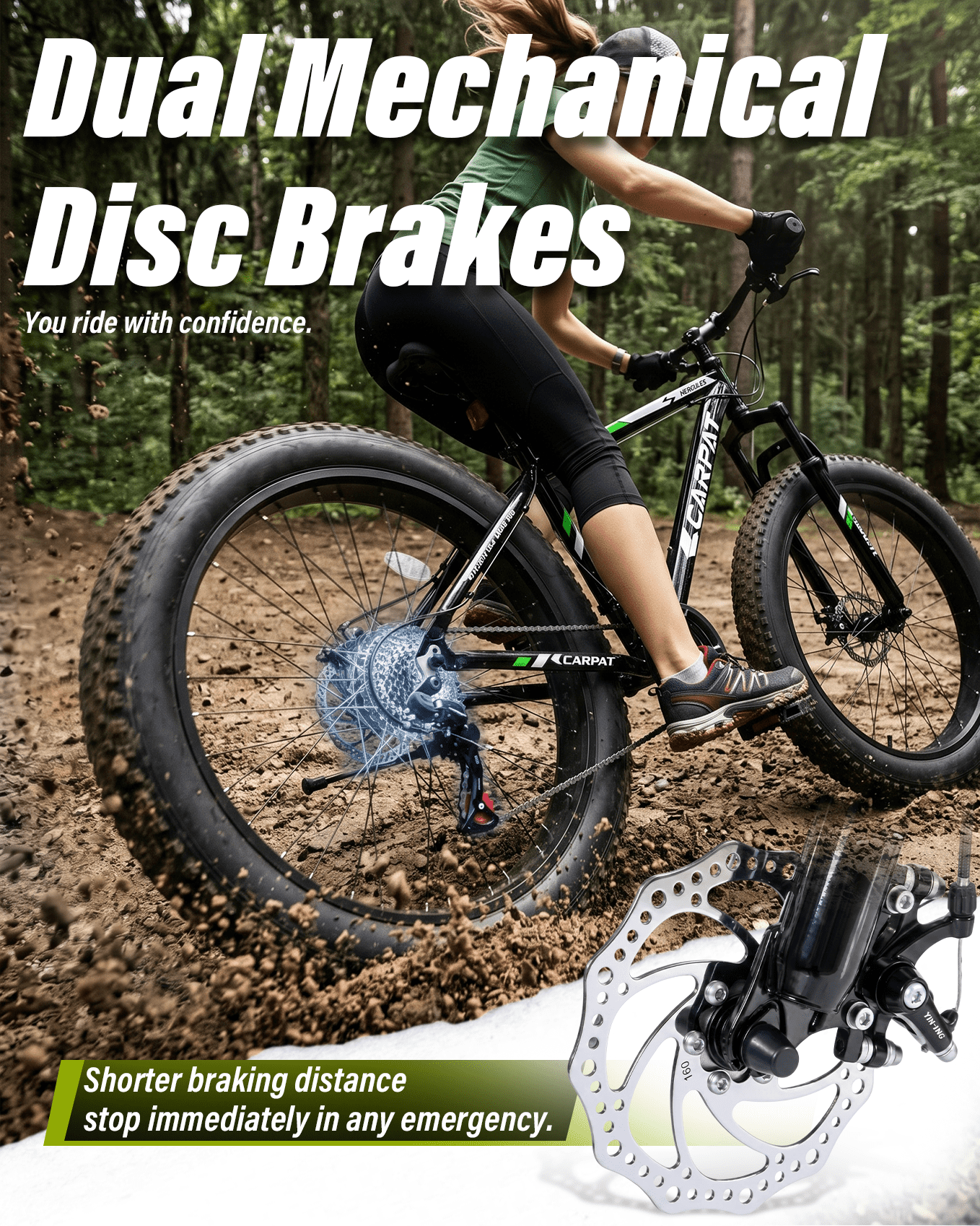 26 inch Fat Tire Mountain Bike for Adult, Outdoor Cycling Bike with 21-Speed for Men Women, High Carbon Steel Frame, Dual Disc Brake, 4 Inch Wide Tires, Front Suspension, Anti-Slip Bikes, Black