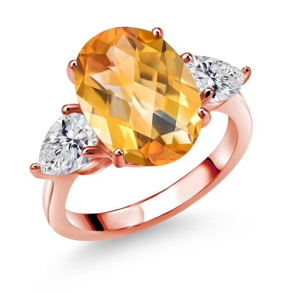 Gem Stone King 18K Rose Gold Plated Silver Yellow Citrine and Lab Grown Diamond Engagement Ring for Women | 6.77 Cttw | Oval Checkerboard 14X10MM | Gemstone November Birthstone | Size 6