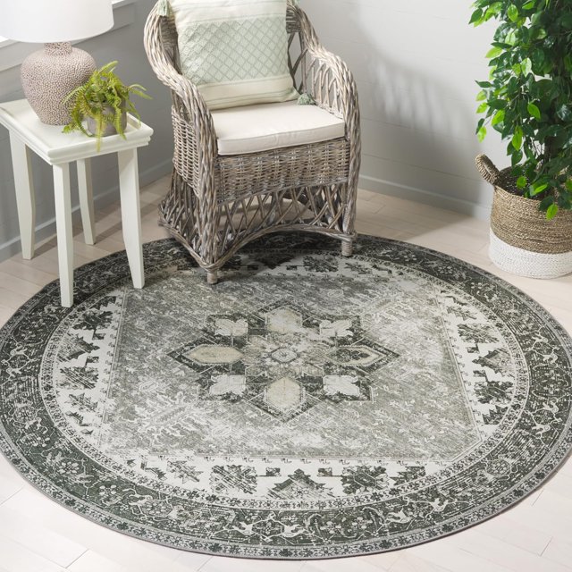 SIABC-SAFAVIEH Tucson Collection Area Rug - 5' Round, Dark Sage & Ivory, Persian Design, Non-Shedding Machine Washable & Slip Resistant Ideal for High Traffic Areas in Living Room, Bedroom (TSN102F)