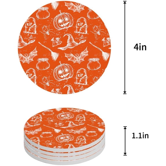 FMSHPON Hallowen Witches Hat Pumpkin Bat Orange Hallowmas Set of 8 Round Coaster for Drinks, Absorbent Ceramic Stone Coasters Cup Mat with Cork Base for Home Kitchen Room Coffee Table Bar Decor