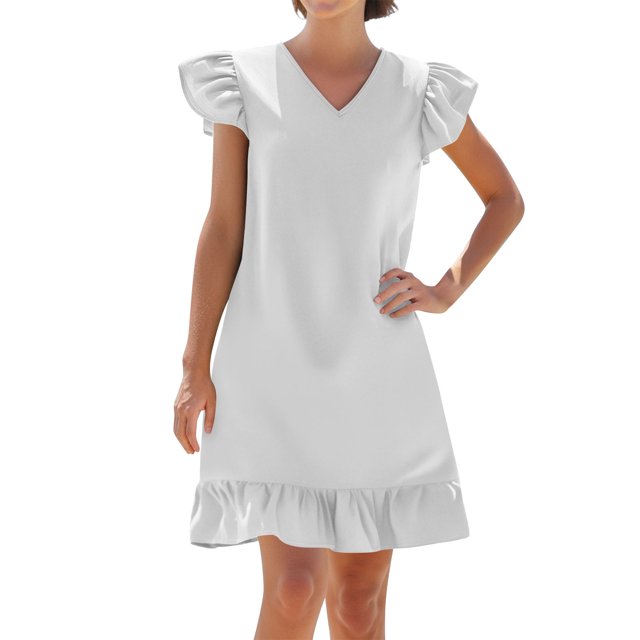 Admvng Robes d'Été pour Femmes Mignonnes Décontractées Couleur Unie Col en V Ourlet à Volants Robe de Plage Décontractée P-2TG
