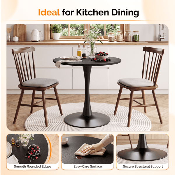 Round Tulip Dining Table, 27.6 Inch Circular Kitchen Table for 2 People, Melamine Laminated MDF Tabletop with Metal Pedestal Base, Easy Assembly Breakfast Table for Dining Room, Apartment, Black
