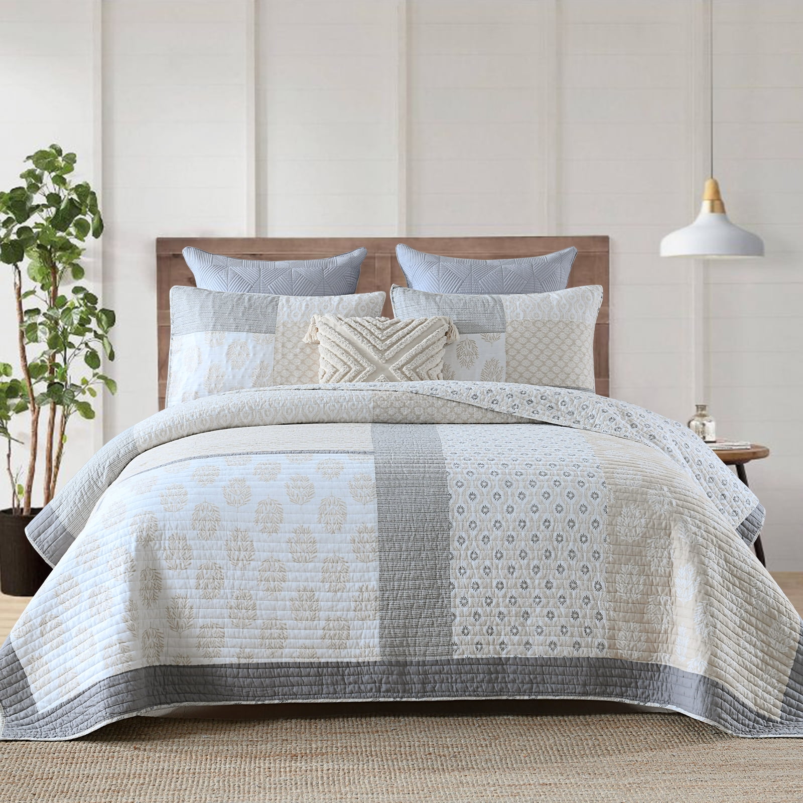Bedduvit Beige Gray King Size Quilt - 100% Organic Cotton Floral Real-Patchwork Plaid Reversible Quilted Bedspread for King Size Bed, Modern Farmhouse Lightweight All-Season 3-Piece Comforter Set