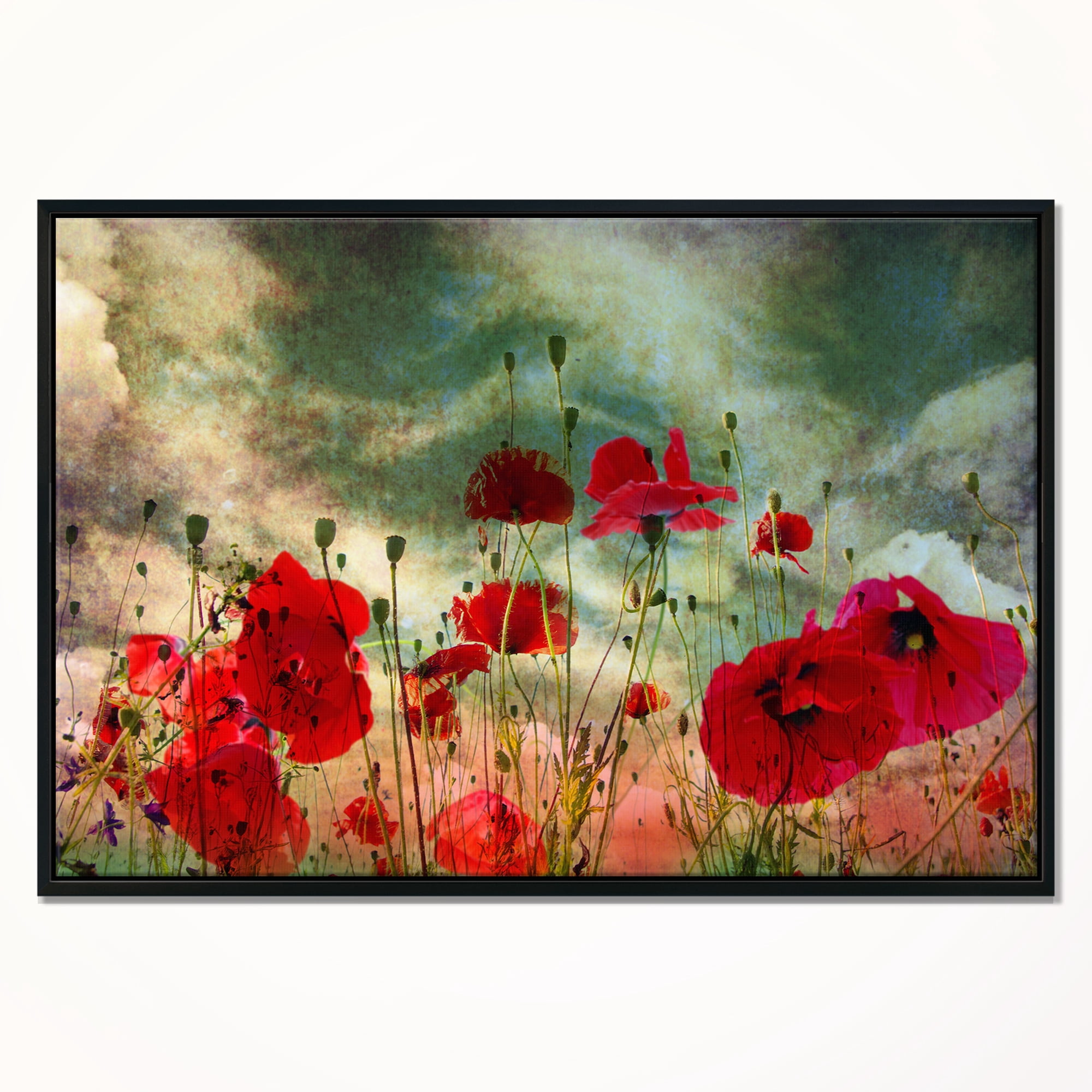 Designart ' Wild Red Poppy Flowers in Sky ' Floral Framed Canvas Art Print
