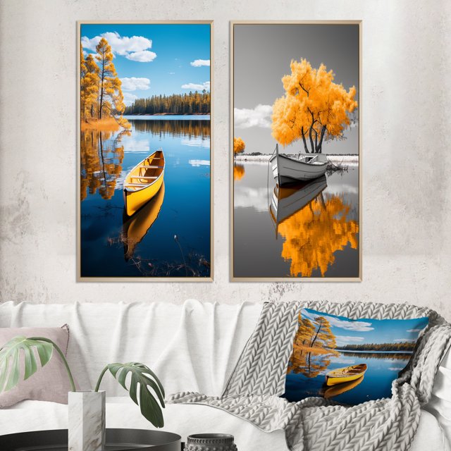 Designart "Reflecting on a Yellow Boat in Monochrome II" Boat Framed Wall Art Set Of 2 - Yellow Transportation Framed Canvas Set For Living Room Decor