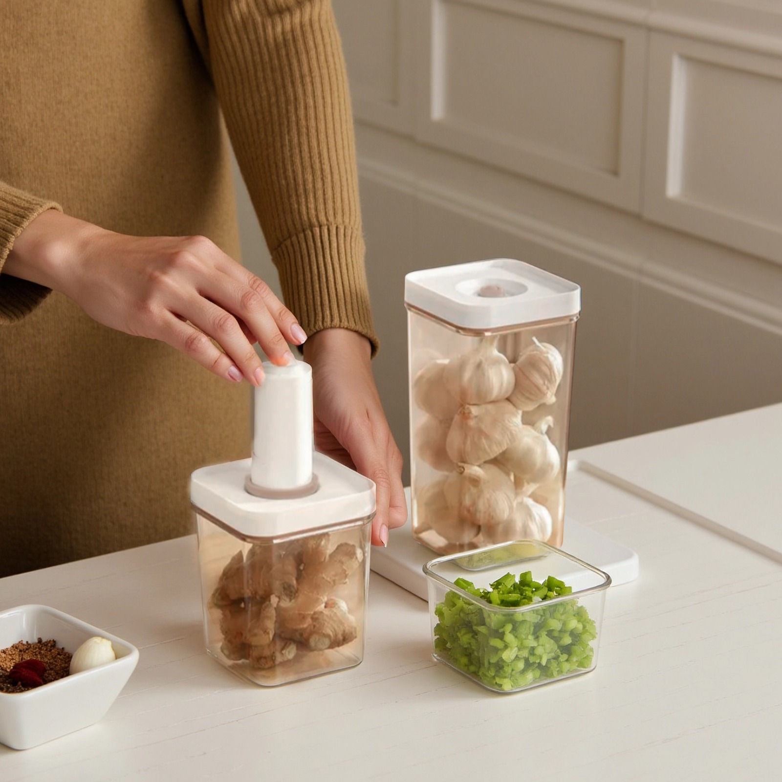 3-Piece Vacuum Sealing Food Container Set, Airtight Storage with Hand Pump, for Pantry Organization, Transparent Kitchen Canisters, ABS+PET+Silicone