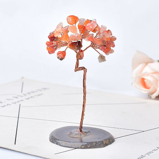 Xiao Hua adorno de árbol de la vida hecho a mano de piedra triturada natural, árbol de la vida de piedra de cristal natural rojo, adorno de piedra para decoración del hogar