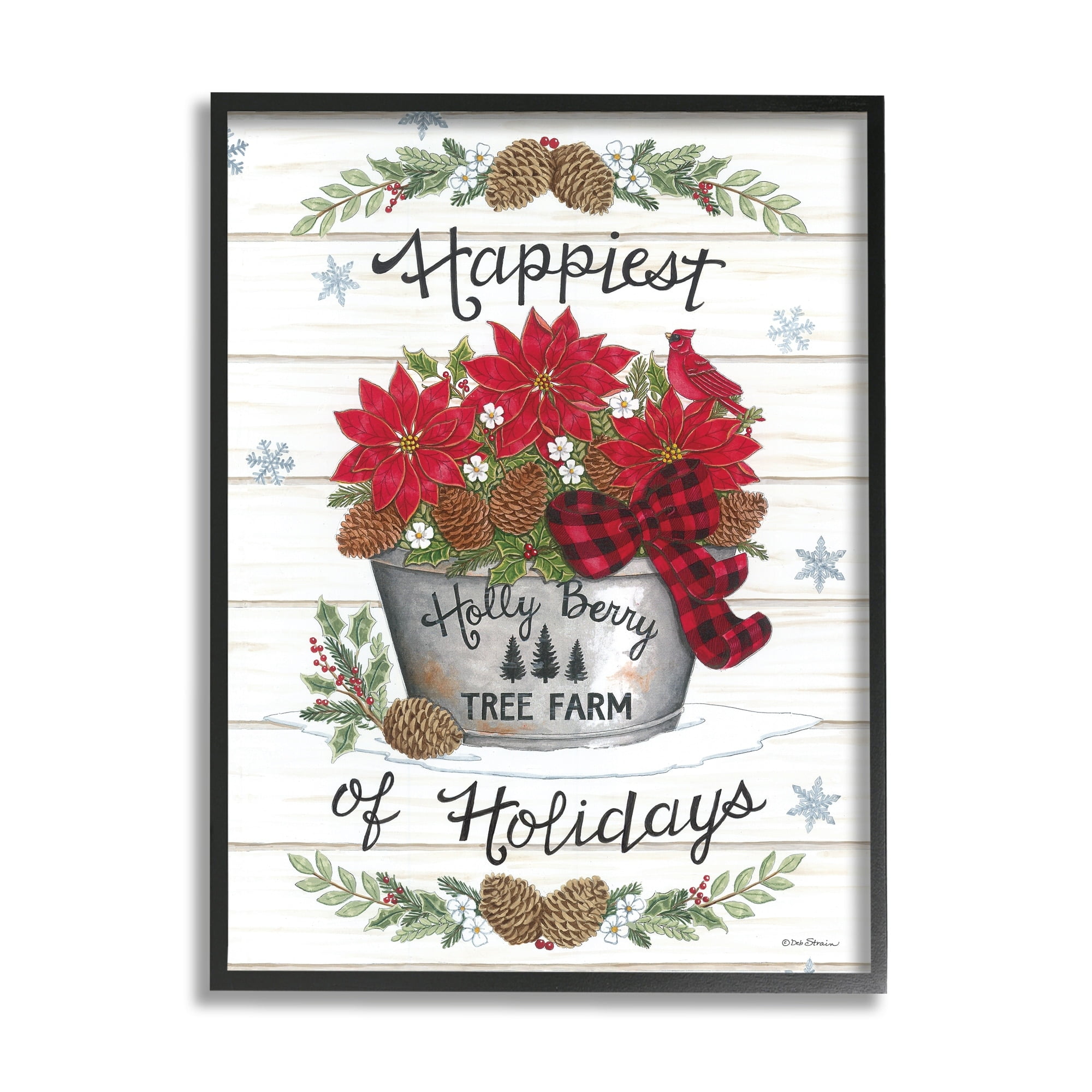 Happiest Of Holidays Grainy Pattern Rustic Poinsettia Bouquet Botanical & Floral Graphic Art Framed Art Print Wall Art