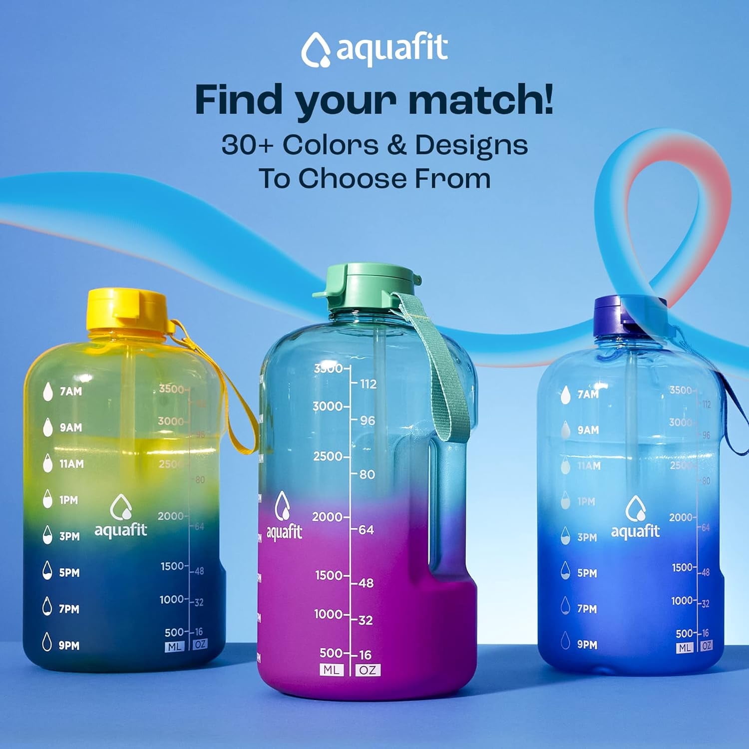 AQUAFIT - Water Bottle with Straw - Motivational Big Water Bottle with Time Marker - 1 Gallon, Blue Fade
