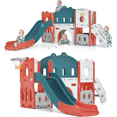 Track 7 Kids Slide 6-in-1 Kids Playground Slide with Climber Basketball Hoop Tunnel and Storage Space Outdoor Indoor Slide Playset for Toddlers Age 1+ HDPE Red