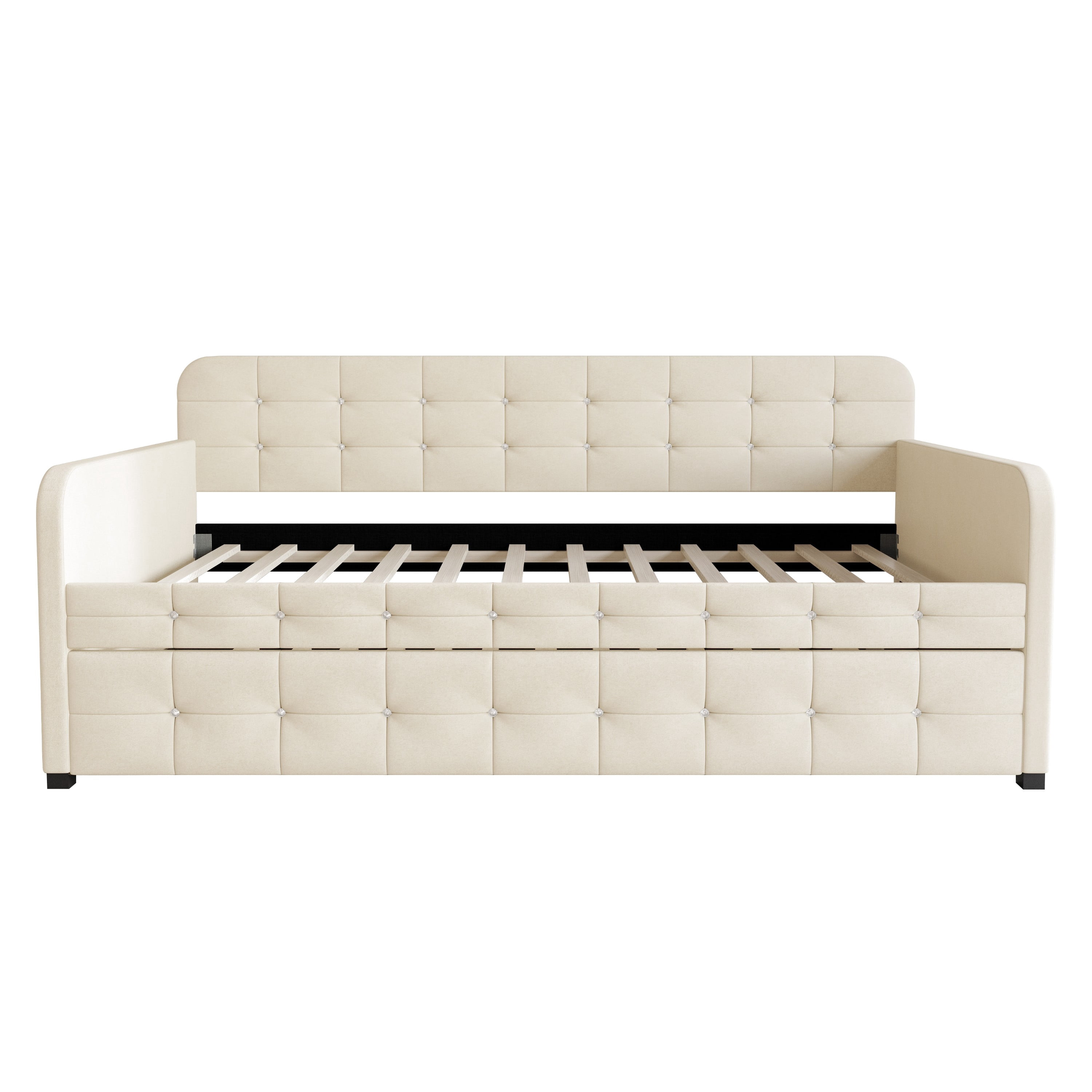 Home Design Elyria Twin Daybed with Velvet Upholstery, Diamond Button Tufting, Rounded Arms, Pull-Out Trundle, Solid Wood Frame, Stylish Seating and Sleeping, Beige