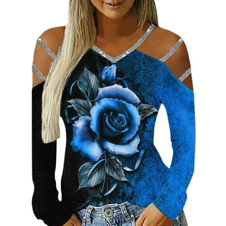 

Pianpianzi Long Sleeve V Neck Polyester Scrub Shirts Women Long Sleeve V Neck Top Women s Casual Rose Printed Top V Neck Off Shoulder Long Sleeve T-Shirt Blouse Top