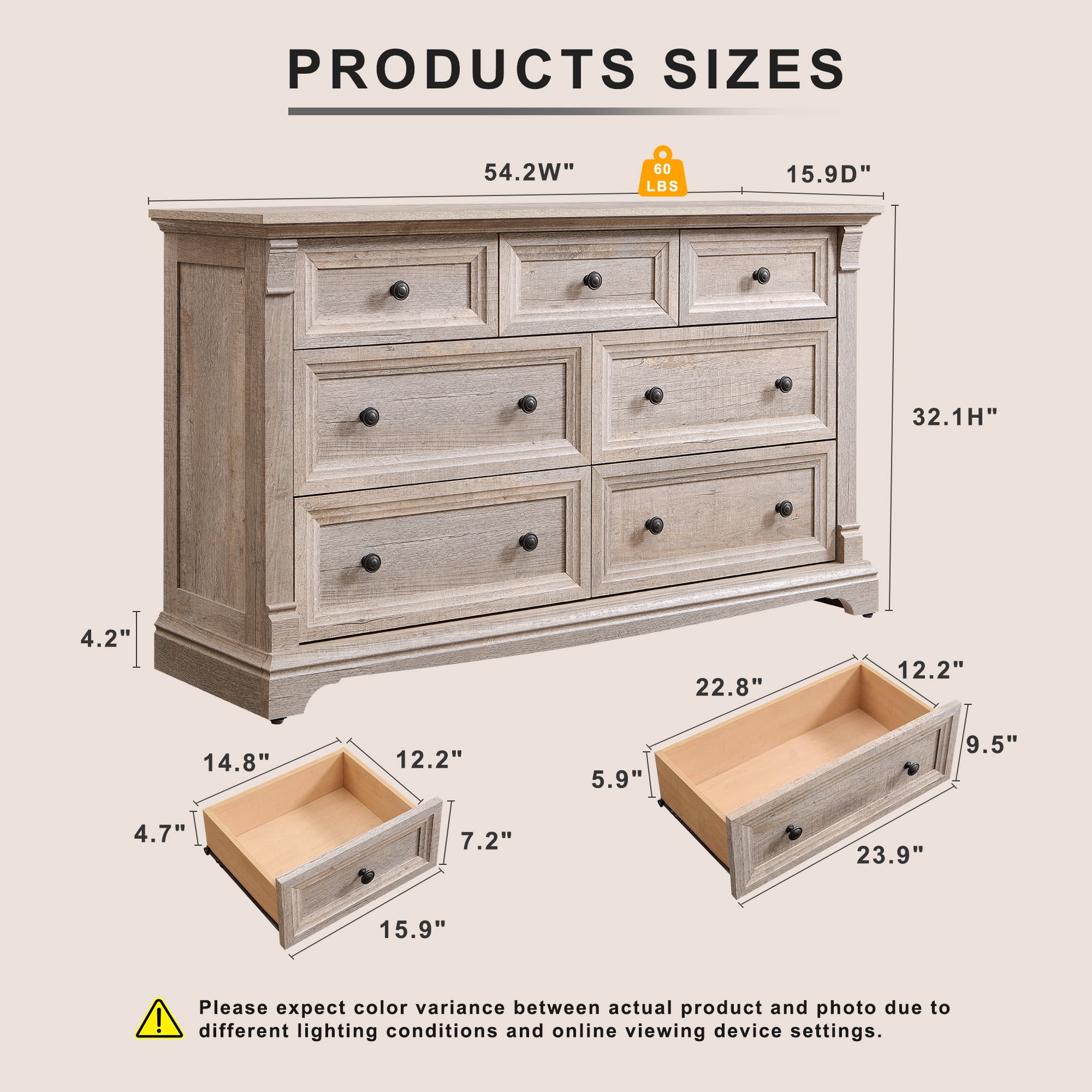 KeyWhat 54" Farmhouse 7-Drawer Dresser with Handles for Bedroom, Living Room , Hallway