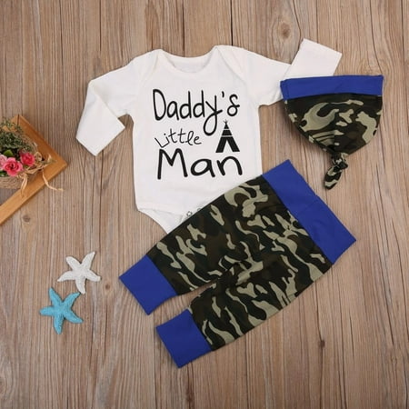 

Newborn Toddler Baby Boys Camo Tops Romper Pants Hat 3Pcs Outfits Set Clothes