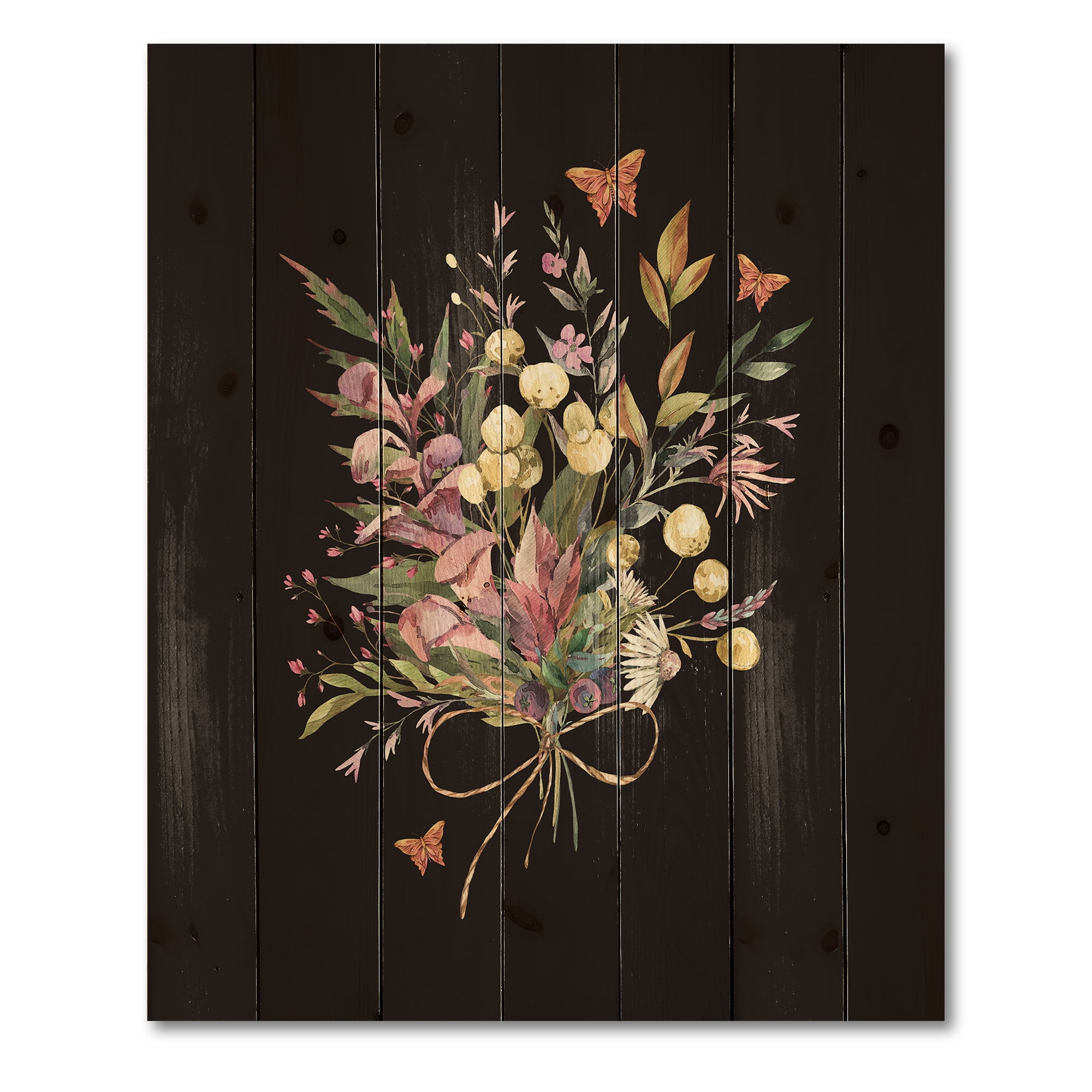 Designart 'Ancient Floral Summer Wildflowers Arrangement' Traditional Print on Natural Pine Wood