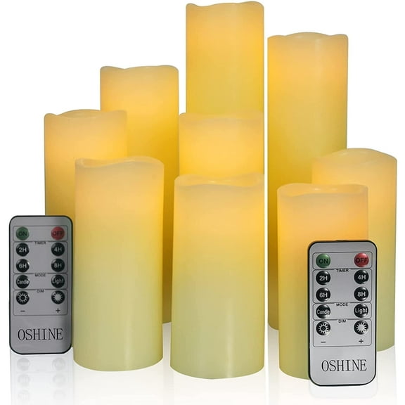 OSHINE 9-Pack Flameless Candles Real Wax LED Pillar Candles Battery Operated Candles Electric Ivory Candles Flicker Lights Votive Timing With Remote 300  Hours Halloween