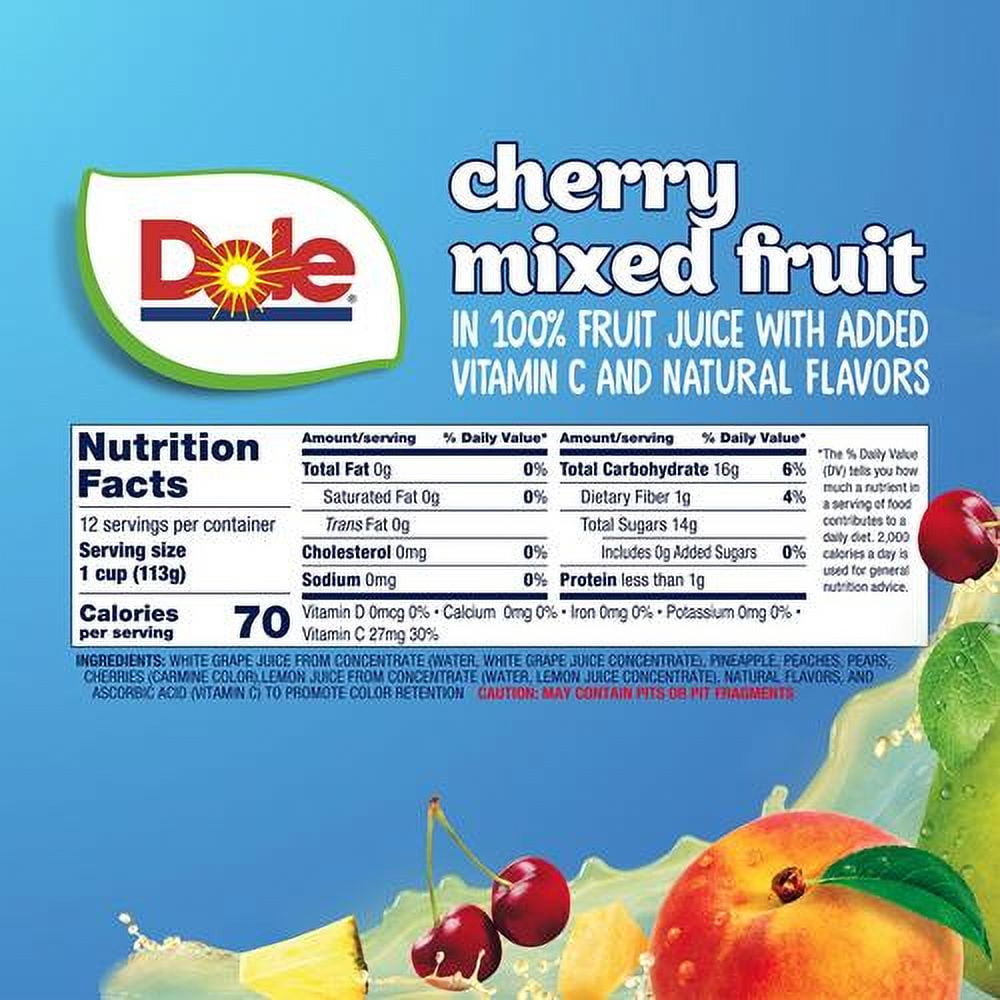 Dole Fruit Bowls Snacks Cherry Mixed Fruit In 100% Juice Snacks, 4Oz 12 Total Cups, Gluten & Dairy Free, Bulk Lunch Snacks For Kids & Adults - Pack of 2