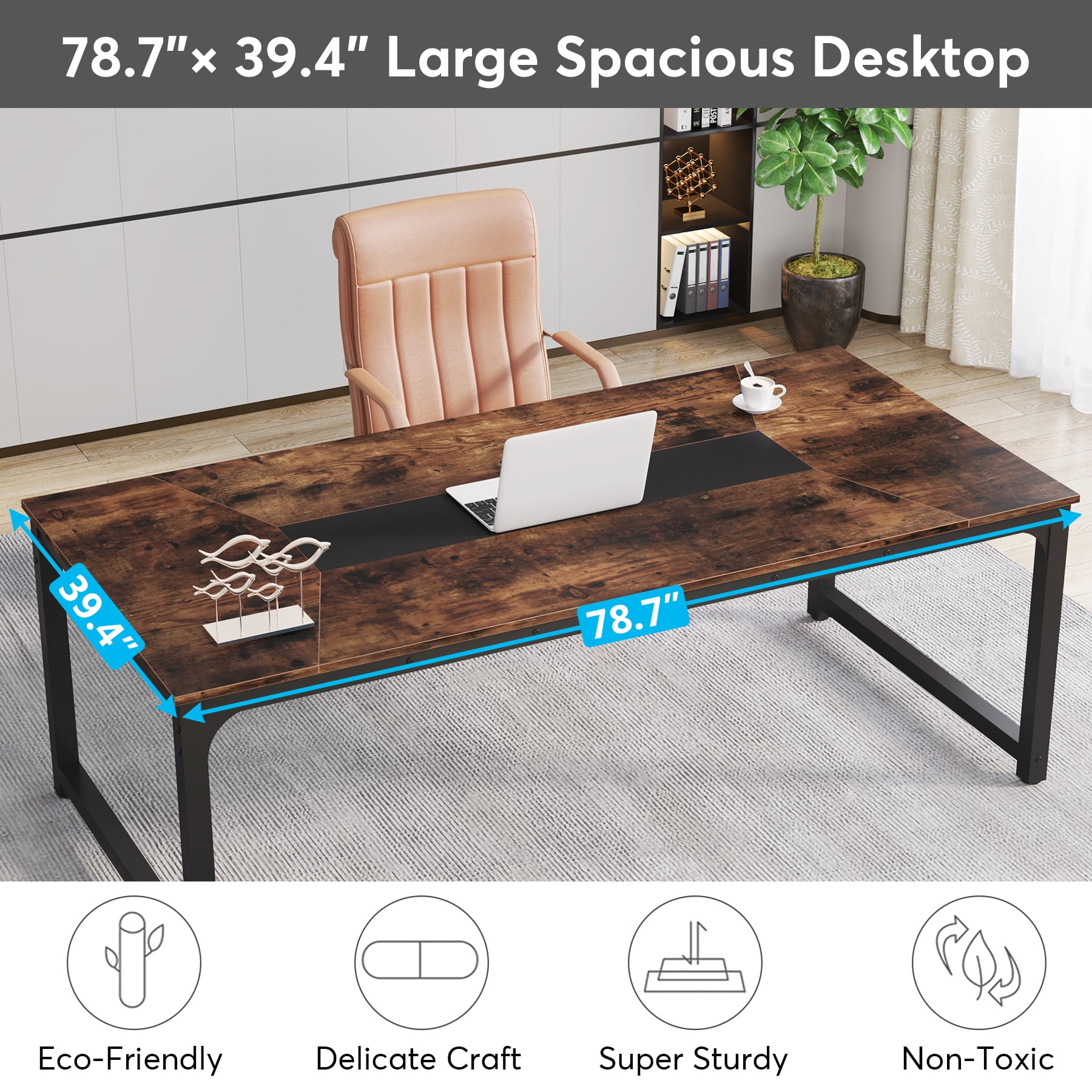 Tribesigns 78.7 Inch Large Computer Table, Modern Sturdy Writing Desk for Home Office, Rustic Brown