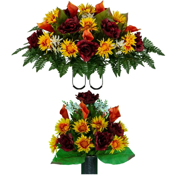 Sympathy Silks Artificial Cemetery Flowers Realistic Outdoor Grave Decorations Non Bleed Colors And Easy Fit Autumn Daisy Orange Calla Lily Mix Bouquet And Matching Saddle For Gravestone