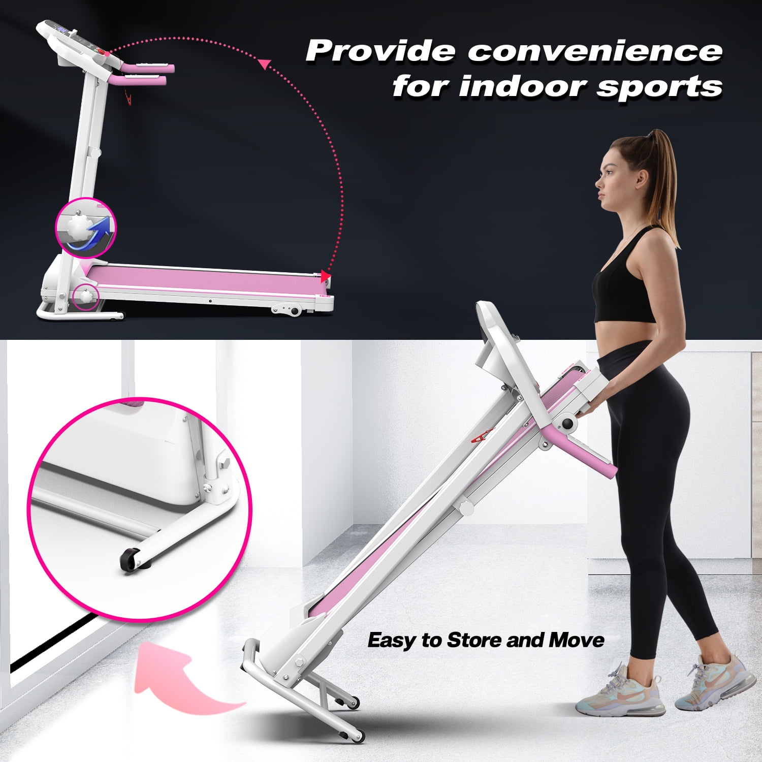 Aukfa Folding Treadmill for Home, Electric Running Walking Treadmill with Incline, 265 lbs Capacity, 7.5 MPH, Pink
