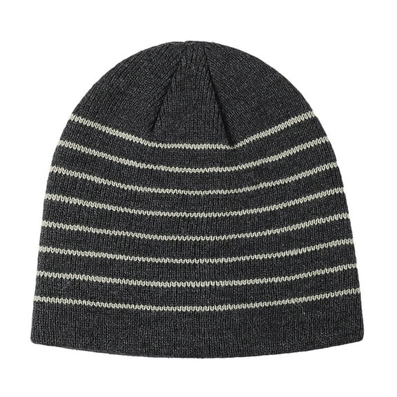 Striped Beanie for Men Warm Knitted Hat Thickened Fleece Lined Winter Versatile Outdoor Skull Cap Dark Gray