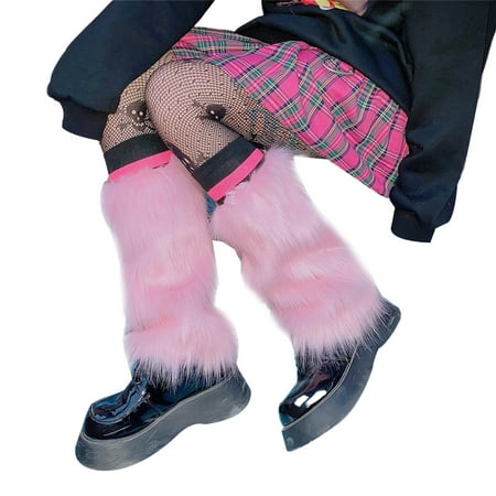 

GHOONEY Women Faux Fur Leg Warmer Boot Covers Harajuku Gothic Pink Furry Plush Leggings Shoes Cuffs Long Socks Streetwear