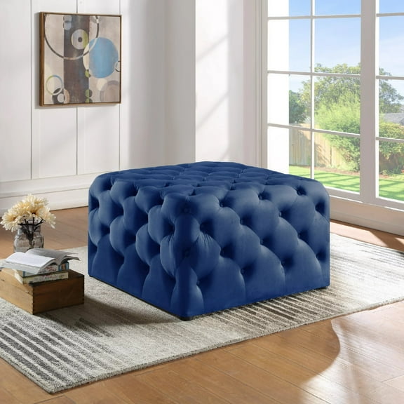 Nathaniel Home Deep Button Tufted Microfiber Ottoman, Upholstered Square Ottoman Seat, for End of Bed Blue