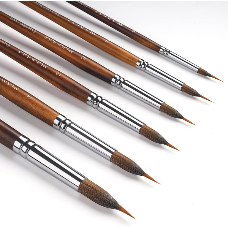 Fuumuui 6-Piece Extended Needle Point Watercolor Brushes - Synthetic & Sable Blend, Extra Long Tip For Fine Detailing, Short Handle