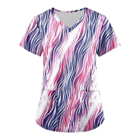 

ELFINDEA Printed Pocket Scrubs Blouses for Women V Neck Short Sleeve Womens Tops