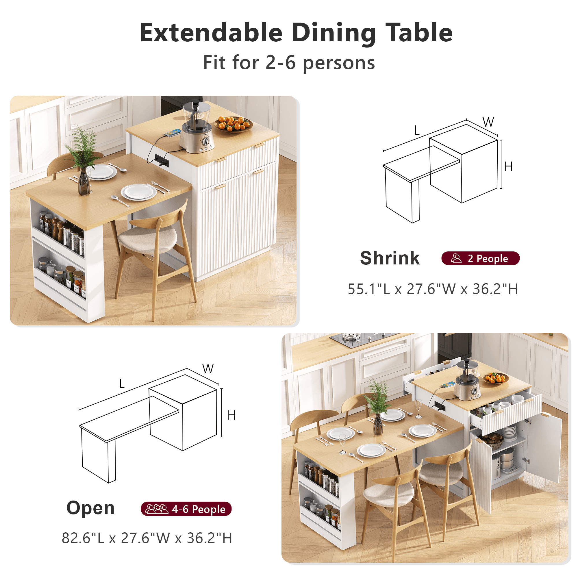 82.6" Fluted Kitchen Storage Island with Extendable Dining Table for 4-6 - Kitchen Table with Power Outlet, Double-Side Storage, 2 Drawers & 2 Side Open Shelves