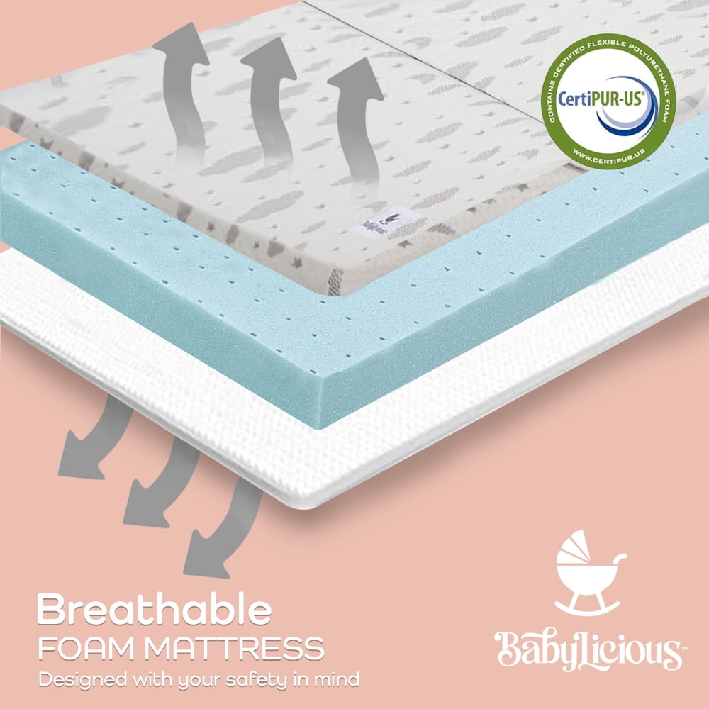 Pack and Play Mattress Topper - 38"x26" Trifold - Breathable Plush Foam | Portable Travel Bag - Playard Mattress for Pack n Play