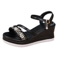 thumbnail image 5 of Rokment Womens Pearl Rhinestones Charms Platform Wedge Dressy Sandals Elegant Leather Chunky High Heels Bride Wedding Fashion Casual Dress Summer Shoes Black Size 6.5, 5 of 6