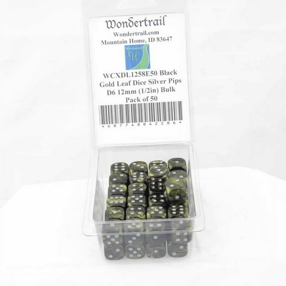 Black Gold Leaf Dice with Silver Pips D6 12mm (1/2in) Bulk Pack of 50 Wondertrail