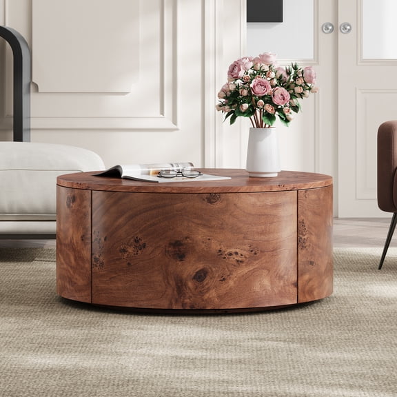 28" Rotating Coffee Table with 2 Drawers, Sturdy Burl Wood Round Tea Table with 360° Rotating Top, Circle Drum Coffee Table for Living Room, Walnut