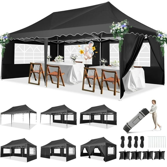 SANOPY 10'x 20' Pop up Canopy Tent, Commercial Heavy Duty Canopy with 6 Removable Side Walls Portable Shelter for Patio Picnic Gazebo Party Wedding, Black