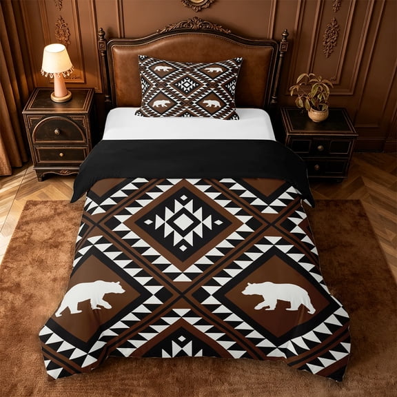 jejeloiu Southwestern Bear Twin Duvet Cover,Aztec Print Twin Bedding For Boys,Brown Black,Black Reversible,2-Piece,1 Duvet Cover and 1 Pillowcase