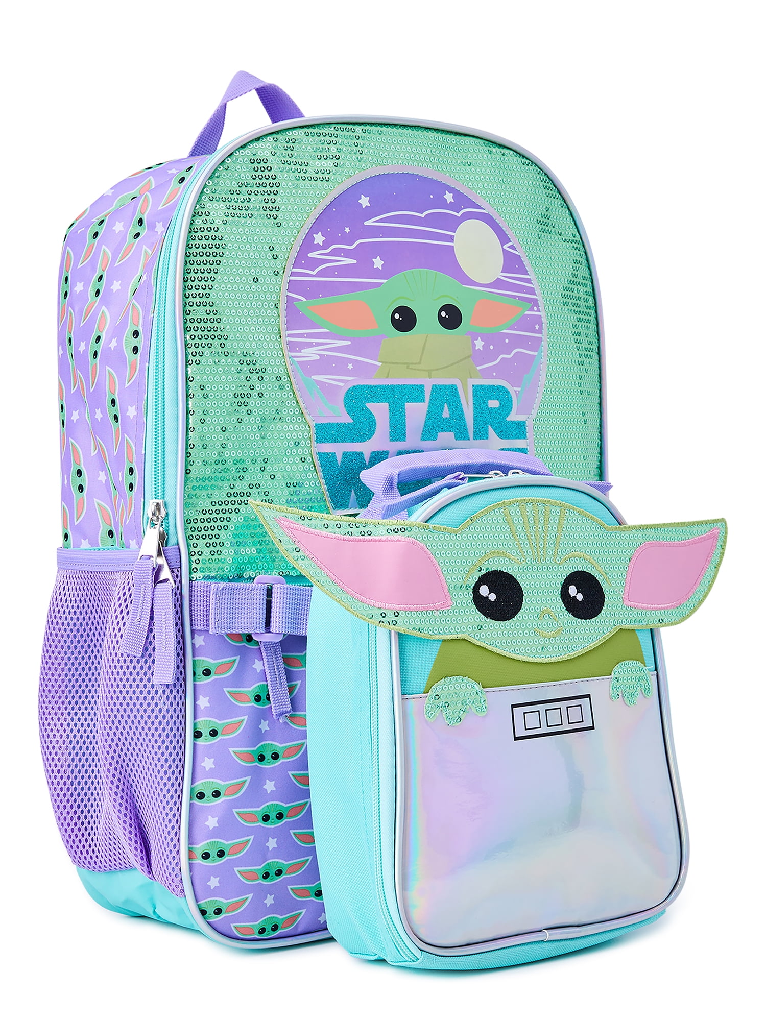 Star Wars Mandalorian Baby Yoda Girls 17" Laptop Backpack 2-Piece Set with Lunch Tote Bag, Purple Green