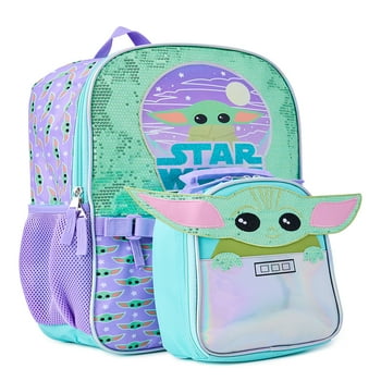 Star Wars Mandalorian Baby Yoda Girls 17" Laptop Backpack 2-Piece Set with Lunch Tote Bag, Purple Green