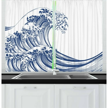 Ambesonne Japanese Wave Kitchen Curtains, Oriental Vintage, 55"x39", Navy Blue White
