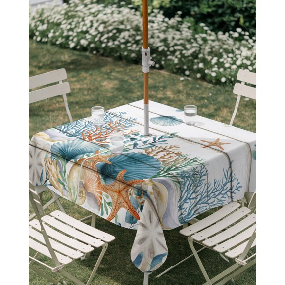 Outdoor Tablecloth with Umbrella Hole, Coastal Sea Starfish Shell Conch Zippered Table Cloth for Rectangle Tables, Ocean Coral Wood Board Washable Waterproof Tablecloths for Picnic Patio Garden