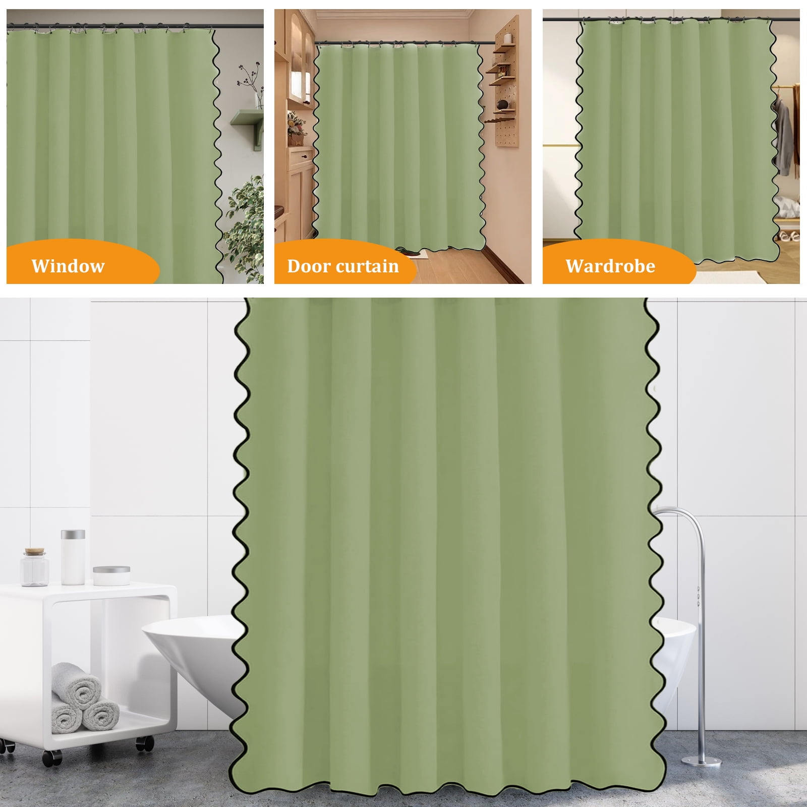 Dznils Black Scalloped Boho Shower Curtain with Hooks, Water-Repellent Thick Linen Fabric Bathroom Curtain, Green, 72" x 72"