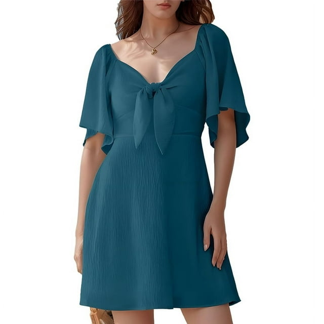 Robes pour Femmes Printemps Été Décolleté en V Profond Élégante Robe Courte à Nœud Bleu Mer S