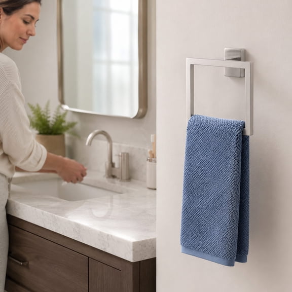 Square Bath Towel Ring, SUS304 Rustproof Stainless Steel Towel Hanger with 2 Inch Drill Base, Wall Mount Contemporary Hand Towel Holder for Vanity Sink & Kitchen