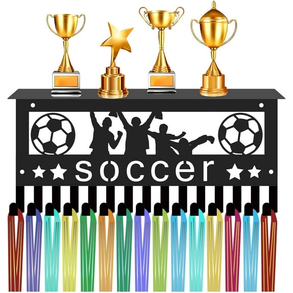 Soccer Medal Hanger Display with Shelf Trophy Medal Holder Football Rack Frame Iron Wall Mount Sports Medal Hooks Organizer for Hanging Over 70 Medals Player Badges 11.8 x 5.1Inch Black DIY