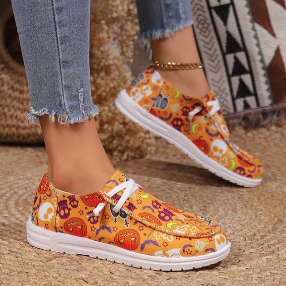 Willtoo Women's Halloween Canvas Loafers Lightweight Slip-On Walking Shoes with Breathable Fabric Upper Flexible Boat-Shoe for Travel Commuting