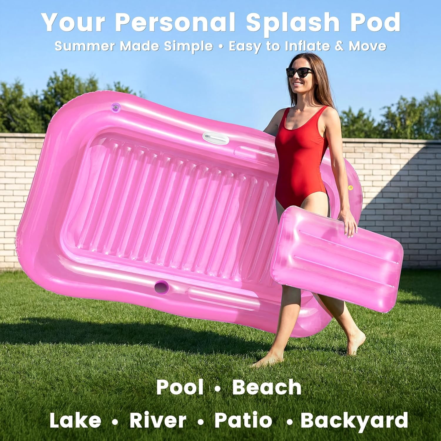 Inflatable Tanning Pool Lounger Float with Sprinkler, 77" x 48" Pool Floats Adult with Pillow, 6 in 1 Suntan Tub Raft Floatie with Drink Holder Sunbathing Water Lounge L