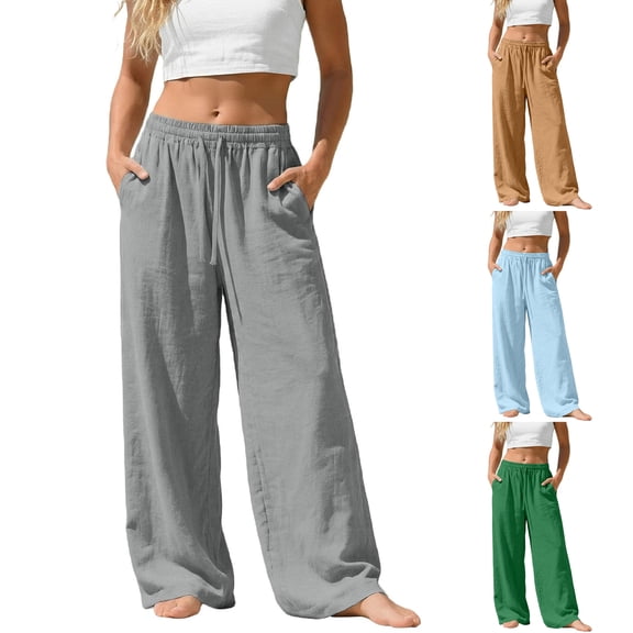 Womens Cotton Linen Pants Casual Button Up High Waisted Wide Leg Trousers Featuring Loose Fit Design Earthy Yellow L