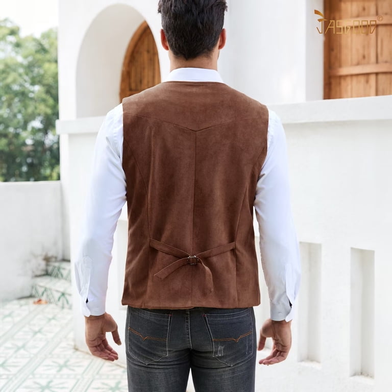 Jasgood Men's Suit Vest Vintage Suede Leather Western Cowboy Waistcoat Coffee