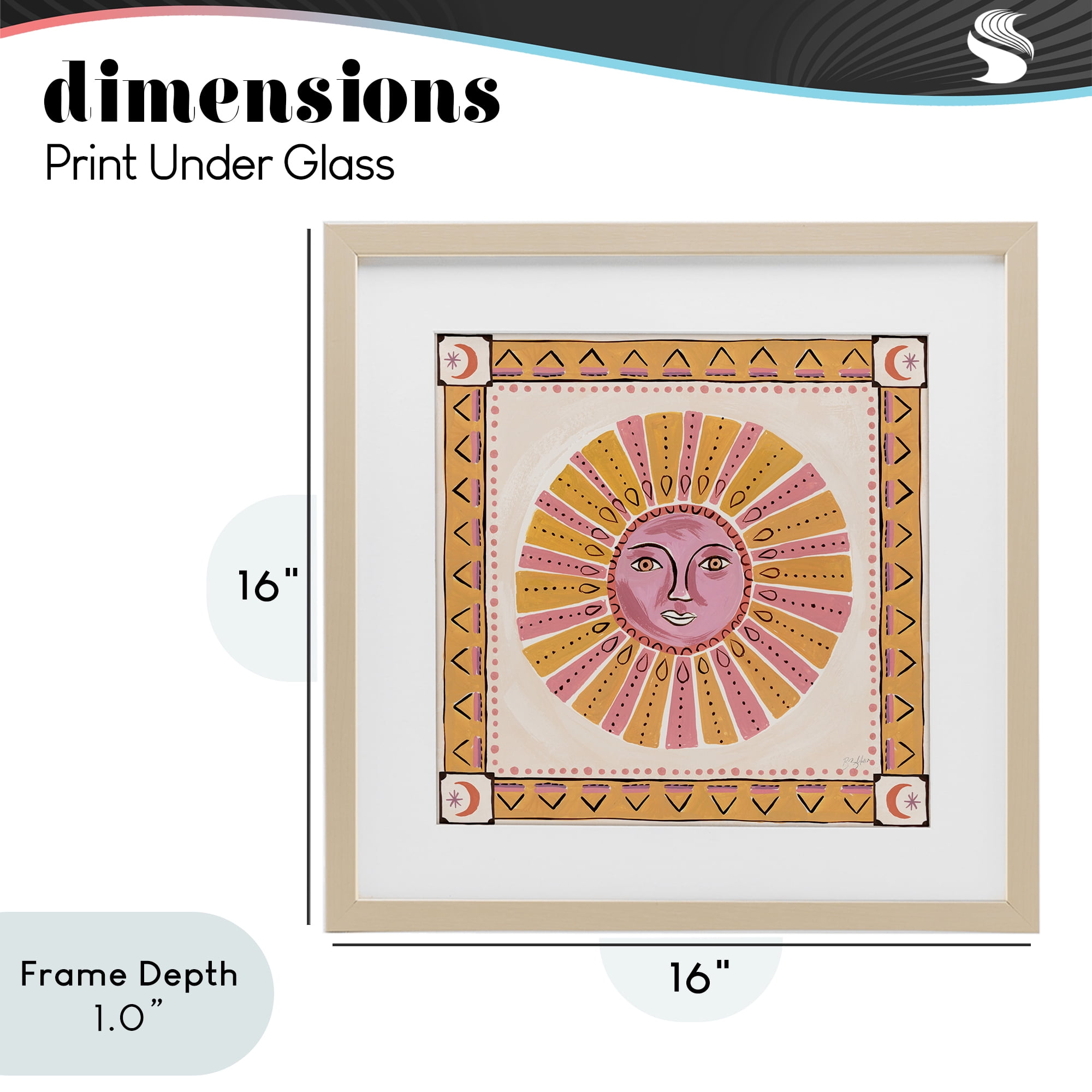 Stupell Industries Pink Sun Face with Geometric Border Birch Framed Print Under Glass, design by Two If By Sea Studios